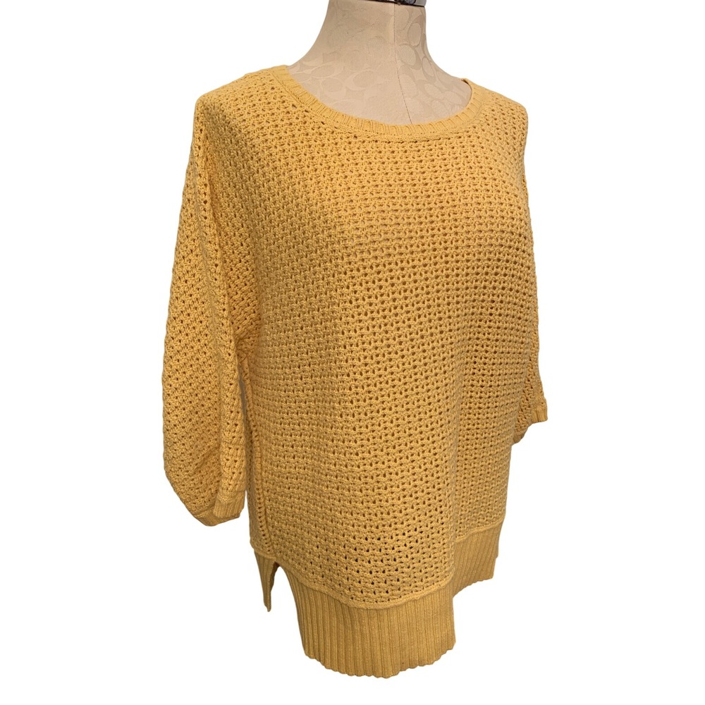 Large Petite Liz Claiborne Yellow Loose Knit Raglan Sleeve Sweater 100% Cotton